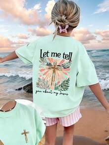 Graphic Tee For Preteen Girls "Let Me Tell You About My Jesus", Made Of Soft And Comfortable Fabric, Suitable For Outdoor Sports, Casual Wear, Street Style, Campus Style, Top - 薄荷綠 - 查看 1