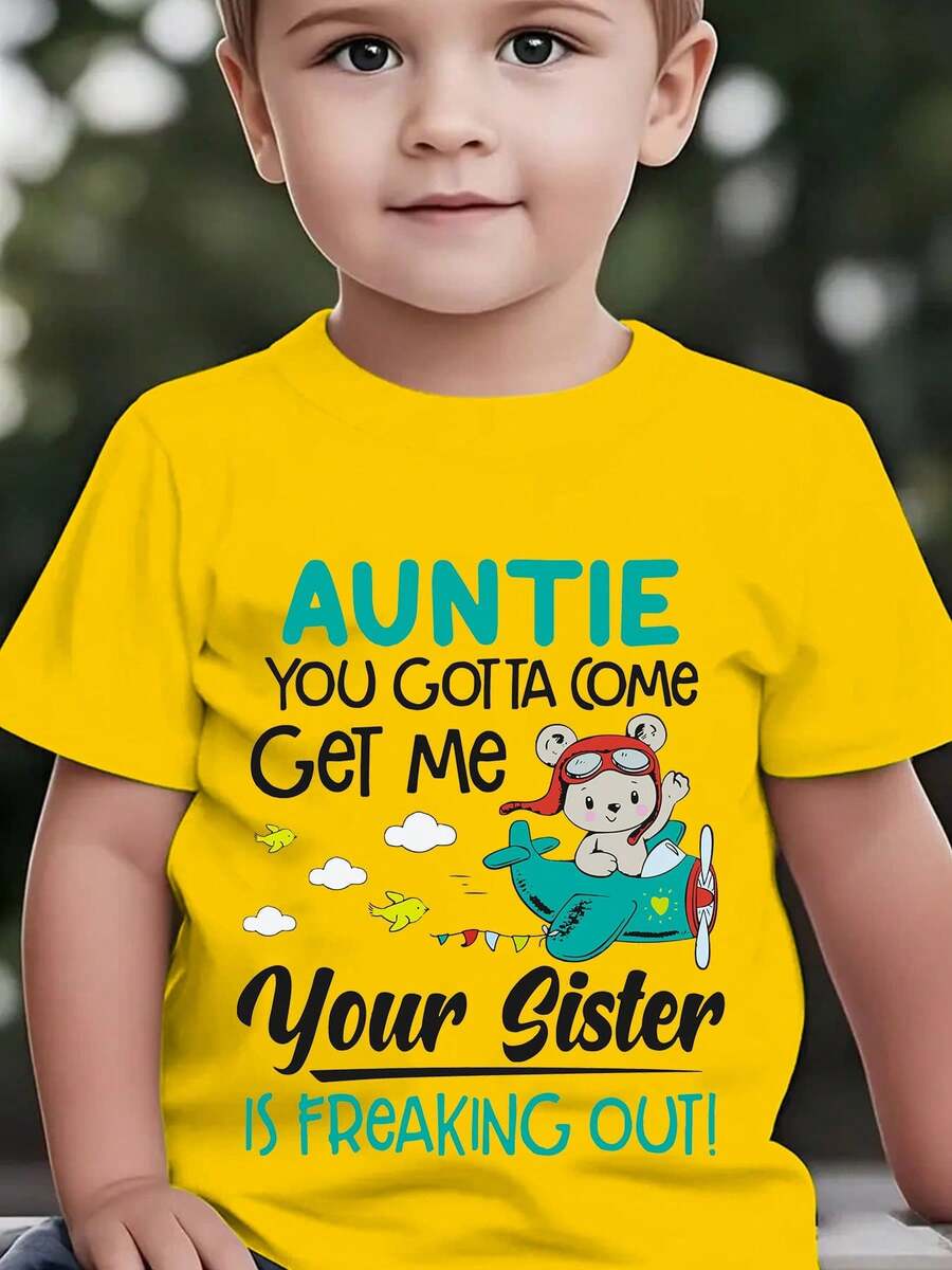 Fashionable Summer Short-Sleeved T-Shirt For Children With The Print "AUNT, YOU HAVE TO COME! Your Sister Is Going Crazy!" Featuring A Bear With Flight Gear Flying An Airplane, N - 黃色 - 查看 1