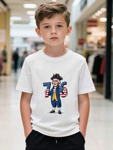Camiseta de George Washington para niños - Estilo divertido de dibujos animados, que muestra a Washington con un sombrero tricornio azul, vestido con traje militar azul, sosteniendo un gran - Blanco - Ver 1