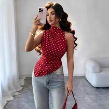 Sleeveless Blouse With High Neck And Polka Dots For Women, Gathered Waist, Irregular Asymmetric Hem, Ideal For The Office, Everyday Wear, Casual Occasions And Urban Outfits. - 紅色 - 查看 1
