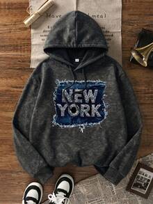 女款秋冬新款 NEW YORK 印花簡約休閒時尚百搭保暖內裡連帽衛衣 黑色 - 黑色 - 查看 4