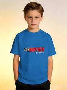 1 pieza Camiseta de niño con gráfico humorístico de Brother Pit Team Racing, popular para cumpleaños y fiestas familiares, estilo urbano. - Rojo - Ver 9