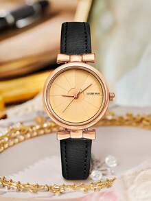 LUCKYFOX 1pc Quartz Wristwatch For Young Students, Gentle Style With Bowknot, Rose Gold Thin PU Leather Strap, Niche Student Vibe, Suitable For Daily Wear - Black - View 3