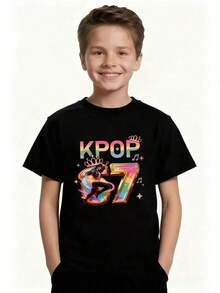 1 Pieza de Camiseta Infantil del Grupo SKZ K-- Linda Camiseta con Estampado de Personajes Estilo Coreano, Camiseta de Moda de Verano para Niños, Ropa para Niñas Adolescentes, Ropa para N - Negro - Ver 1