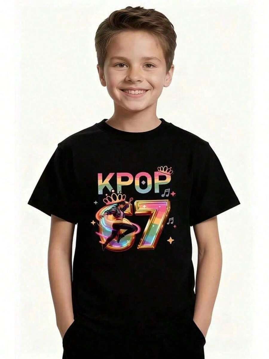 1 Pieza de Camiseta Infantil del Grupo SKZ K-- Linda Camiseta con Estampado de Personajes Estilo Coreano, Camiseta de Moda de Verano para Niños, Ropa para Niñas Adolescentes, Ropa para N - Negro - Ver 1