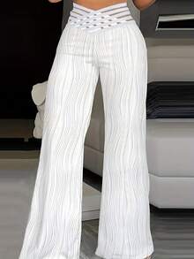 Women's Trousers 2025 Summer Fashion Overlay Waist Mesh Sheer Patch Casual Plain High Waist Wide Leg Long Flared Trousers Streetwear - 白色的 - 查看 1