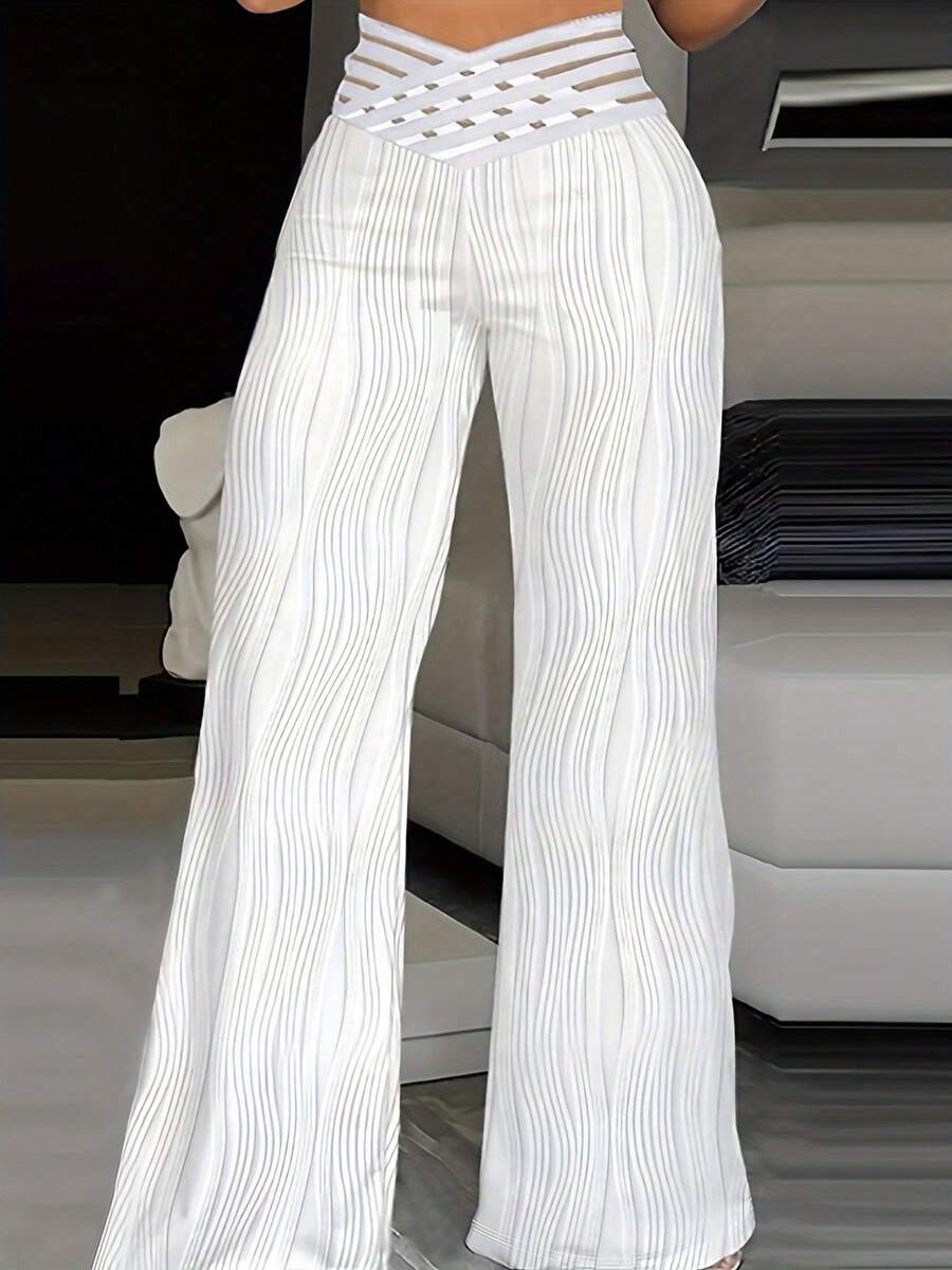 Women's Trousers 2025 Summer Fashion Overlay Waist Mesh Sheer Patch Casual Plain High Waist Wide Leg Long Flared Trousers Streetwear - 白色的 - 查看 1