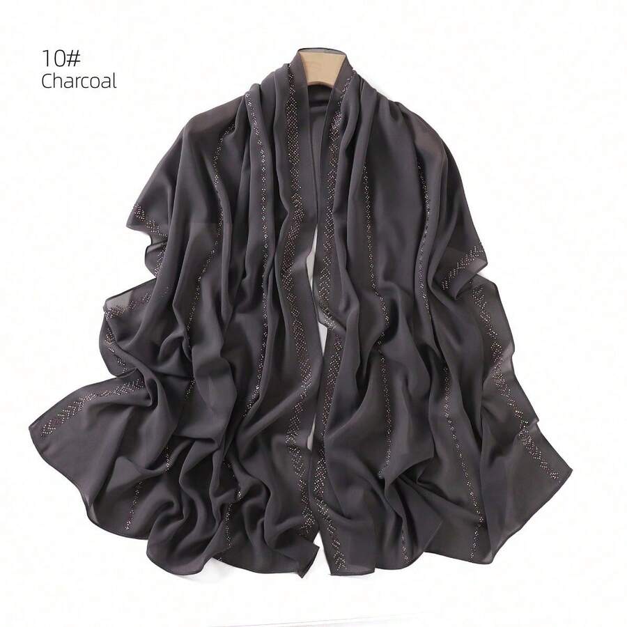 1 Piece Solid Color Rhinestone Chiffon Hijab, Elegant Faux Rhinestone Headscarf, Sunscreen Shawl For Women, Ideal For Dresses. - 深灰色 - 查看 1