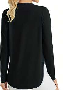 Black Solid Long Sleeve Loose Casual T-Shirt, Sports Top For Fitness, Yoga And Running, Women's Clothing - 黑色 - 查看 3