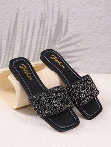 1 Pair Flat Slide Sandals/Solid Color Flat Design Shiny Upper Exquisite Design Rhinestone Decor Easy To Put On And Take Off Easy To Clean Elegant Sophisticated Fashionable Versatile Suitable For Daily Wear Shopping Dating Vacation Travel Must-Have Slide Sandals - Black - View 8