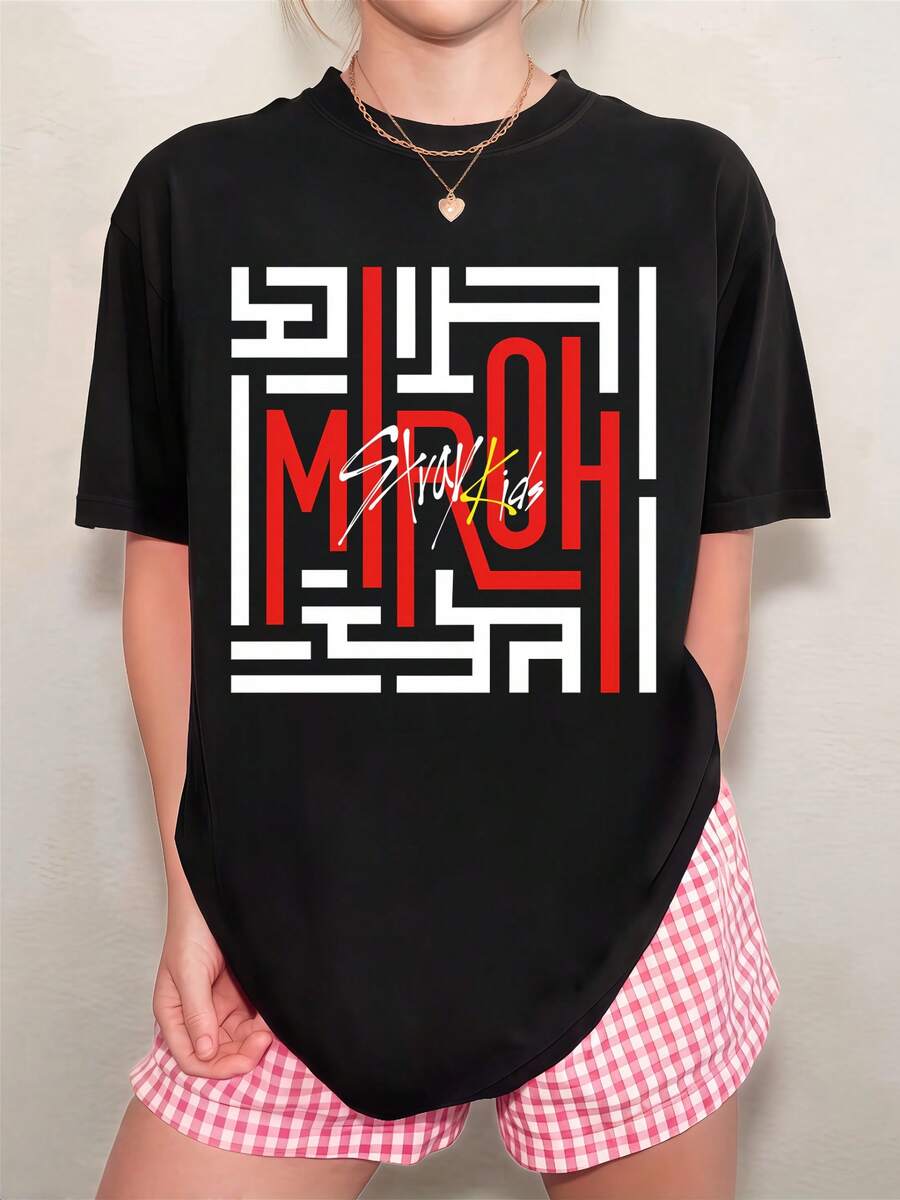 S-Stray K-Kids Unisex Black T-Shirt With Red And White Signature SKZ Maze Design - Black - View 1