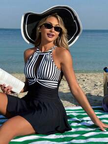 jianchaimaoyi02 Swim Lushoire Vestido de playa sin mangas con tirantes, de estilo de patchwork a rayas y de unicolor, adecuado para vacaciones de ver - Rojo y blanco - Ver 6