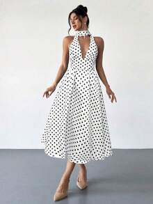 Vestido midi con cuello en V, espalda descubierta y cintura acampanada con lunares retro para mujer, adecuado para el Día de San Valentín, co - Rosa Roja - Ver 9