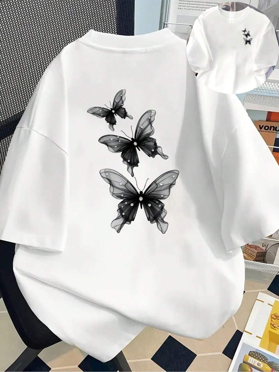 Short-Sleeved Top With Designs On The Front And Back - Dreamy Butterfly, Crystal Butterfly - Fashionable Printed T-Shirt For Women, Spring/Summer, Your Best Choice! 99UO - 白色 - 查看 1