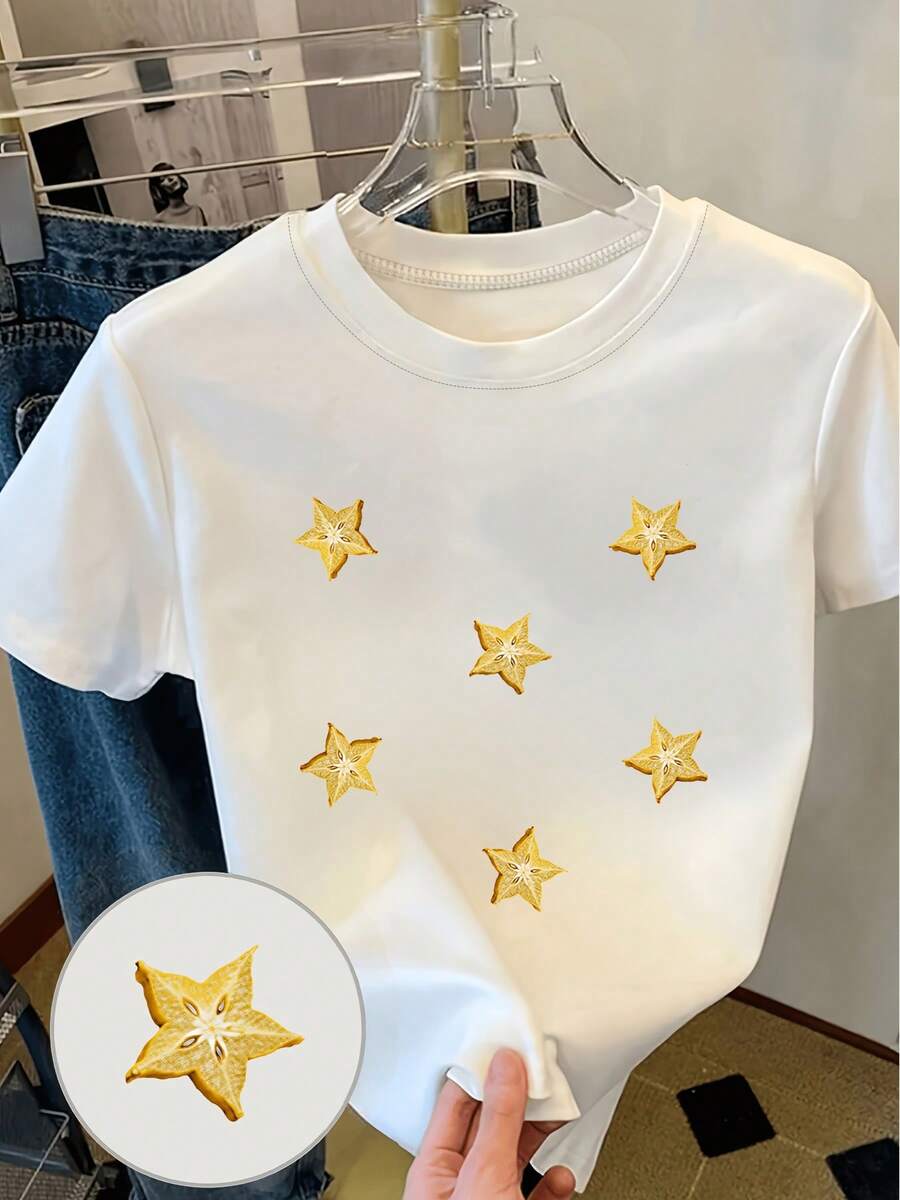Y2K Women's Casual Summer T-Shirt - Exquisite Star Print T-Shirt - Y2k Style, Delicate, Ideal For A Gift, Casual Round Neck Top - Tra - 白色 - 查看 1
