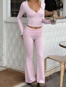 2pcs Women Y2K Casual Daily Solid Color Minimalist Long Sleeve V-Neck Top And Skinny Pants Set, Autumn Pink Spring Elegant - 粉色 - 查看 5