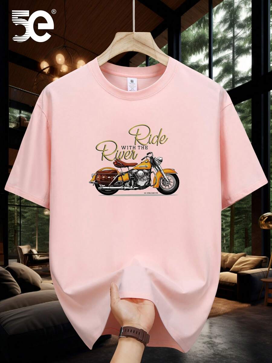 [Tion] 5E Brand Loose Fit Printed T-Shirt, 100% Cotton, Heavyweight, New, Pure Cotton, Short Sleeve, Summer, Loose Round Neck, Fashion T-Shirt For Men - 紅色 - 查看 1