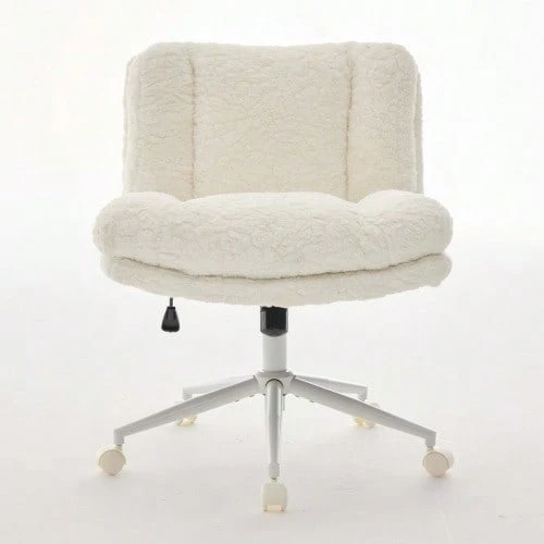 Office Chair With Wider Seat (67 Cm), Faux Rabbit Fur Upholstery, Metal Base, Swivel And Adjustable Office Chair, Dressing Table Chair (Cream), DE1875CM - 白色 - 查看 1