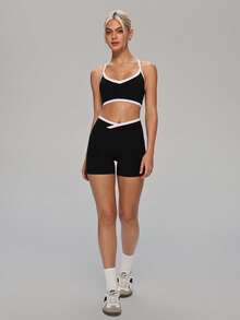 MASKERT Women 2pcs V Neck Crisscross Back Bra & High Waist Shorts Set Yoga Set Workout Set Gym Set 2 Pieces Set Training Tennis Outdoor Activewear Set - Black - View 7