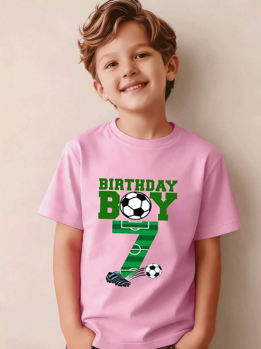 Boy's Number 7 Birthday Party T-Shirt, Featuring A "Birthday Boy" Print In Green Lettering, A Casual Short-Sleeved Sporty Style With Stadium Numbers And A Soccer Ball Design. - 紅色 - 查看 1