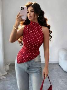 Sleeveless Blouse With High Neck And Polka Dots For Women, Gathered Waist, Irregular Asymmetric Hem, Ideal For The Office, Everyday Wear, Casual Occasions And Urban Outfits. - 紅色 - 查看 4