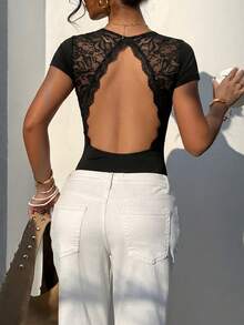 Body ajustado sexy y versátil con espalda descubierta, encaje y volantes, nueva llegada primavera/verano, negro - Negro - Ver 1