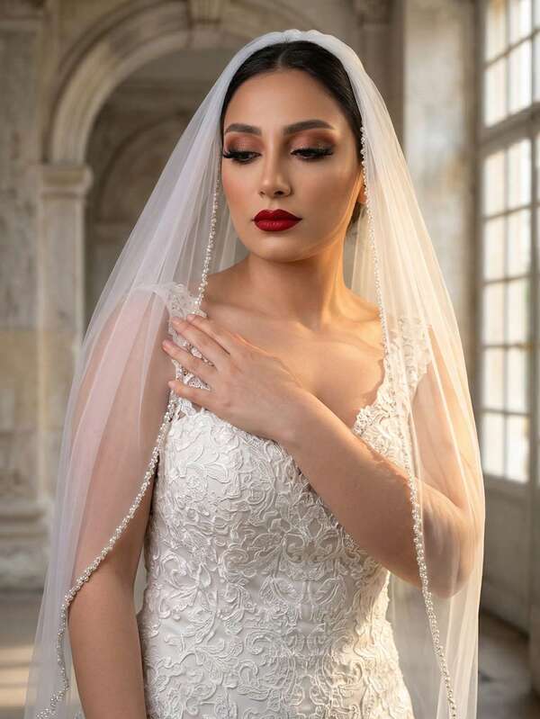 1pc Handmade Beaded Fingertip Long Bridal Veil, White Soft Tulle With Metal Hair Comb, Wedding And Bachelorette Party Accessory