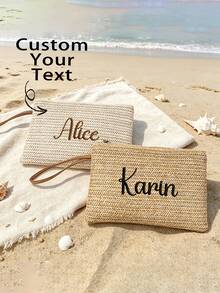 Bolso de mano de paja tejida personalizado con nombre, bolso de estilo bohemio con cremallera y correa de muñeca, bolso de maquillaje para damas de honor, bolso de mano para vacaciones de verano en la playa - Multicolor - Ver 3