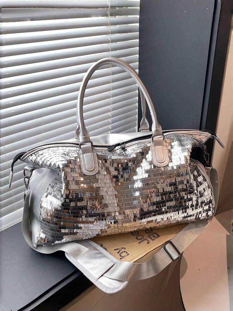New Fashion Travel Bag, Single Color Minimalist Niche Design With Sequins, Elegant, Popular And Cool, Suitable For Short Trips, Fitness, With Separate Shoe Compartment. - 無色 - 查看 1