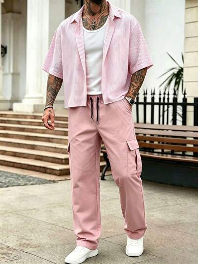 1 Set Men's Spring/Summer New Striped Short Sleeve Shirt And Cargo Pants Set, American Streetwear Brand, Loose Silhouette, 2-Piece Set, Mature Casual Style, Versatile For Commuting, Vacation, Outdoor And Daily Wear