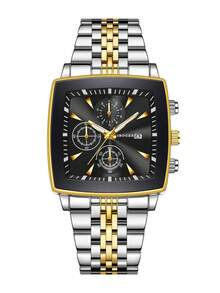 Reloj de pulsera clásico de moda para hombre con esfera cuadrada de tres ojos y calendario, elegante reloj de cuarzo (1 pieza/set), caja de reloj no incluida - Negro - Ver 7