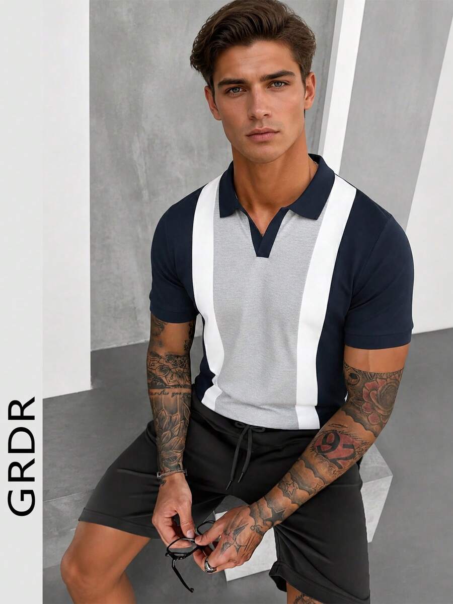 GRDR 男士休闲撞色 Polo 衫,百搭日常穿着,春夏款 - 藏蓝色 - 查看 1