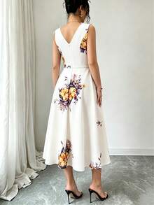 Vuslat Women's Summer White Base Yellow-Purple Gradient Floral Sleeveless V-Neck Belted Waist Flared Midi Dress, Cream White Base Scattered Watercolor Yellow-Purple Large Rose Floral Print Pattern, Smooth Drape Texture, Suitable For Independence Day, Lakeside Boat Trip, Island Vacation, Garden Afternoon Tea, Small Town Street Photography, Light Party Date Outfit, Holiday Wear - Multicolor - View 5
