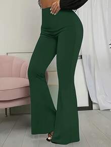 Pantalones Casuales de Talla Grande para Mujer, Cintura Alta, Color Sólido y Corte Acampanado, Moda Versátil para Primavera-Verano - Verde oscuro - Ver 3