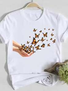 Playera Blanca Mujer Mariposas Monarca Liberadas De Las Manos Estilo Feminino Suave - Blanco - Ver 1