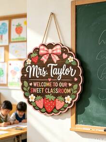 1pc Customized Teacher Name Plate, Personalized Strawberry Classroom Sign, Sweet Classroom Door Hanging Decor, Wooden Teacher Decoration, Teacher Appreciation Gift, Back To School Gift, Welcome To Our Sweet Classroom, Teacher Welcome Sign, Classroom Decor - Multicolor - View 4