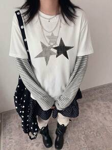 Y2K 輕亞文化風格原宿復古星星印花短袖 T 恤 E-Girl 上衣 夏季新款休閒白色短袖上衣 - 白色 - 查看 2