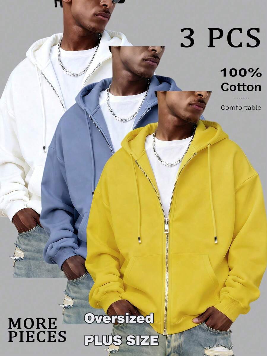 Men's Cotton Zip-Up Hoodie, Solid Color Basic Loose Fit Thin Lightweight Soft Breathable Drapey Drop Shoulder Long Sleeve Top, Casual Everyday Vacation Versatile, 3-Piece Set In Multiple Colors - White + Light Blue + Bright Yellow - View 1