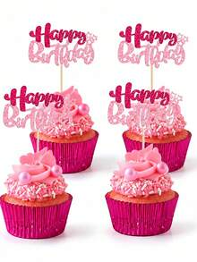 12pcs Birthday Cake Decorations, Double Layer Glitter Birthday Cake Toppers Suitable For Baby Shower, Boy Girl Birthday Party, Pink Glitter Birthday Supplies, Birthday Party Dessert Decoration, Outdoor Lawn Birthday Party - Multicolor - View 1