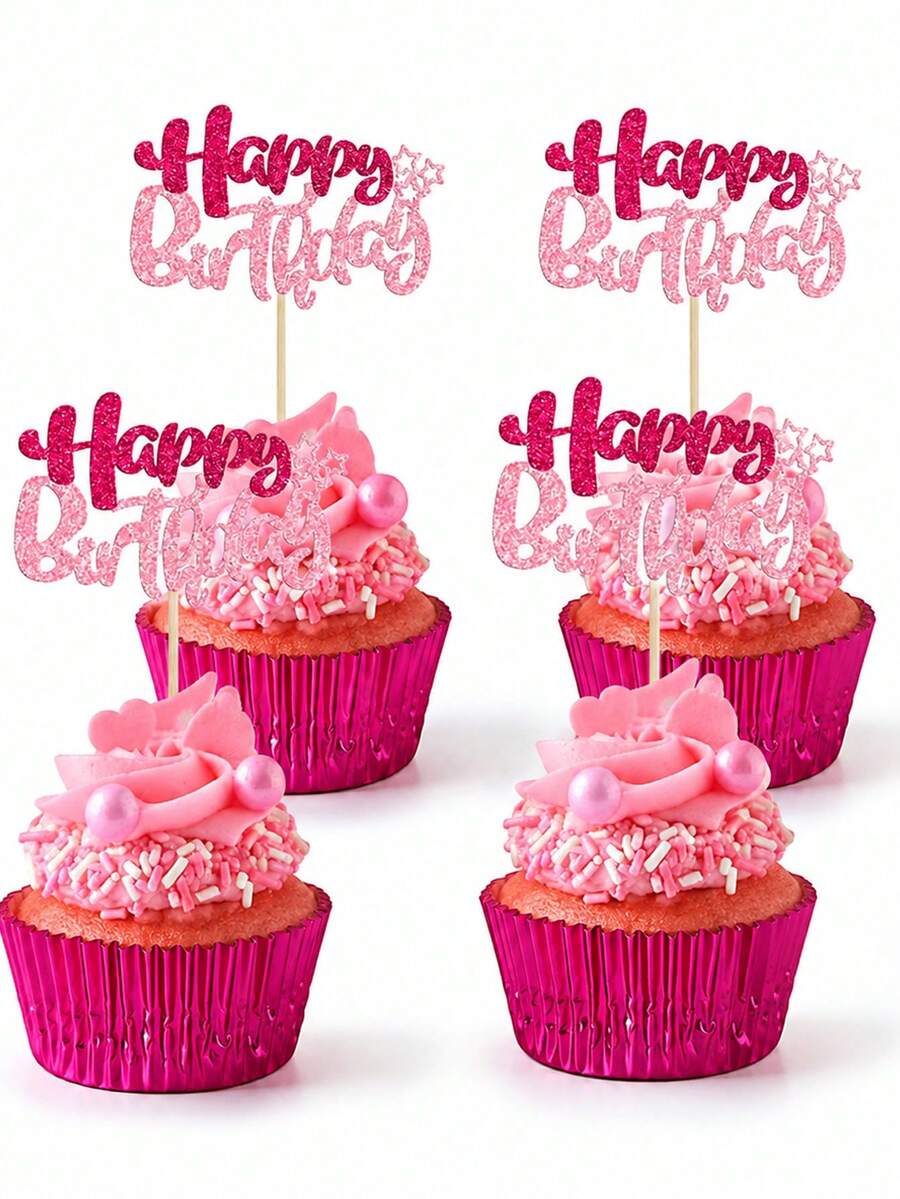 12pcs Birthday Cake Decorations, Double Layer Glitter Birthday Cake Toppers Suitable For Baby Shower, Boy Girl Birthday Party, Pink Glitter Birthday Supplies, Birthday Party Dessert Decoration, Outdoor Lawn Birthday Party - Multicolor - View 1