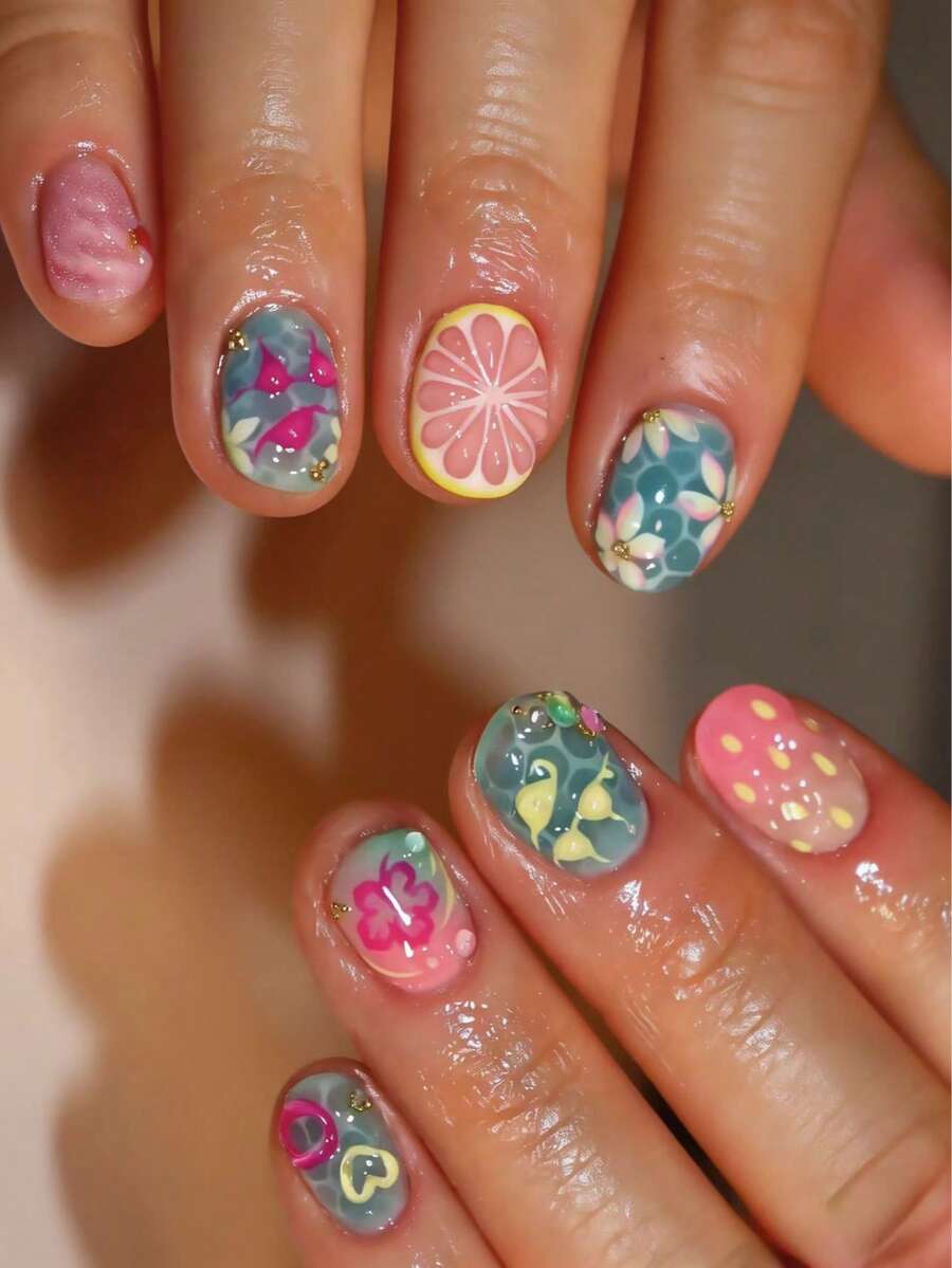 24pcs Short Oval 3D Gel Nail Art & Floral Nail Art, Summer Nails And Ocean Nails With Pearl Decoration, French Tip Design, Includes: 1pc Jelly Glue And 1pc Nail File - Multicolor - View 1