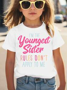 Camiseta de manga corta para niñas con estampado de letras "Soy la hermana más pequeña", moderna, versátil y cómoda para primavera-verano. - Blanco - Ver 1