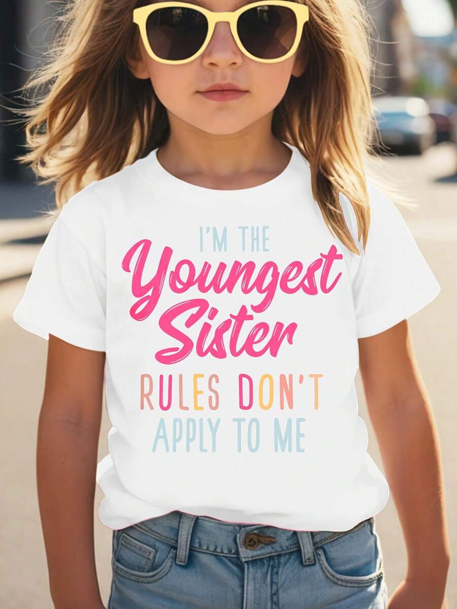 Camiseta de manga corta para niñas con estampado de letras "Soy la hermana más pequeña", moderna, versátil y cómoda para primavera-verano. - Blanco - Ver 1