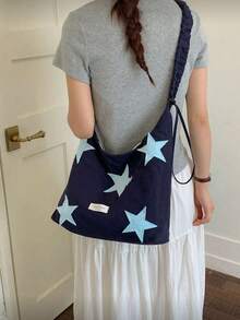 Colorblock Five-Pointed Star Fabric Pleated Shoulder Bag, Breathable Wrinkled Fabric Lightweight And Easy To Fold, Extra Large Capacity To Hold All Study And Travel Essentials, Steady Navy Blue Paired With Soft Light Blue Stars, Suitable For Casual And Academic Style Outfits All Year Round - Navy Blue - View 3