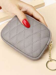 Caramel Diamond-Quilted Pebbled Coin Purse With Key Ring, Holds Coins, Cards, Car Key & Lipstick, Retro Style, Portable For Commute. - Multicolor - View 18