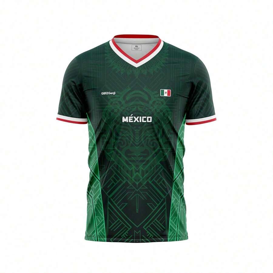 Camiseta cuello en V color verde de selección mexicana, estampado frontal sencillo, tela ligera de alto rendimiento, ropa de hincha para ver partidos en casa - Colores mixtos - Ver 1