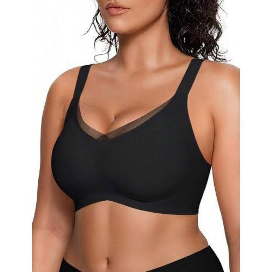 Sujetador talla grande sin aros malla tirantes cruzados push-up sin costuras mujer europeo-americano - Negro - Ver 1
