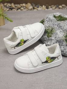 1 Pair Dinosaur Print Kids' Shoes, Suitable For All Seasons, Unisex, Student, Magic Tape, Comfortable, Casual, Non-Slip, Flat Bottom, Versatile, Fashionable, Sports Shoes - White - View 5