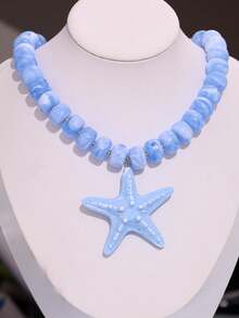 1件藍色海星串珠吊墜項鍊，夏季海洋度假風性感誇張藍色串珠海星頸鍊，女款日常佩戴項鍊 - 彩色 - 查看 5