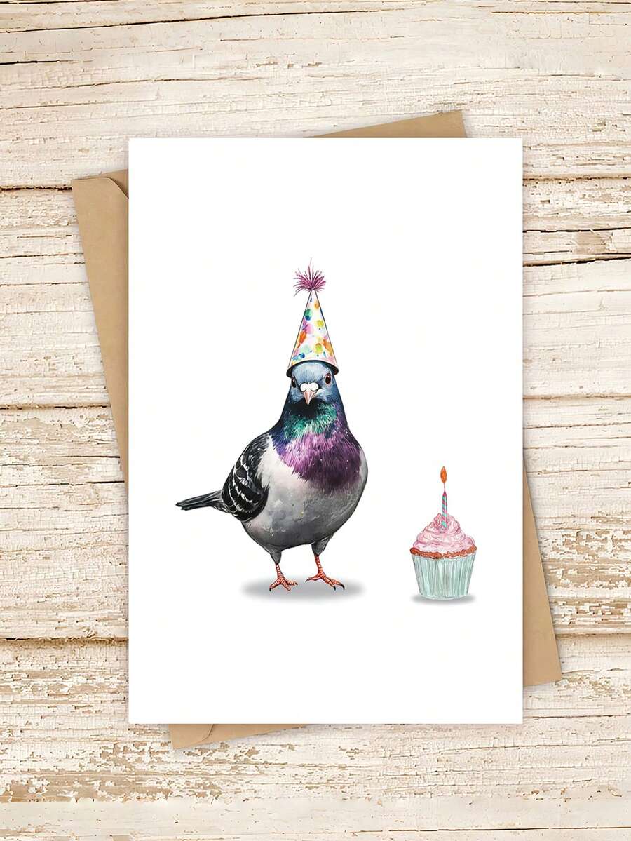 1pc "Party Pigeon" Funny Pigeon Birthday Card With Envelope – Watercolor Bird Lover Design – Humorous Joke Greeting For Bird Lovers – Blank Inside - View 1